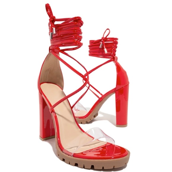 Red Clear Strap Lace Up Block Heels - Picture 2 of 8